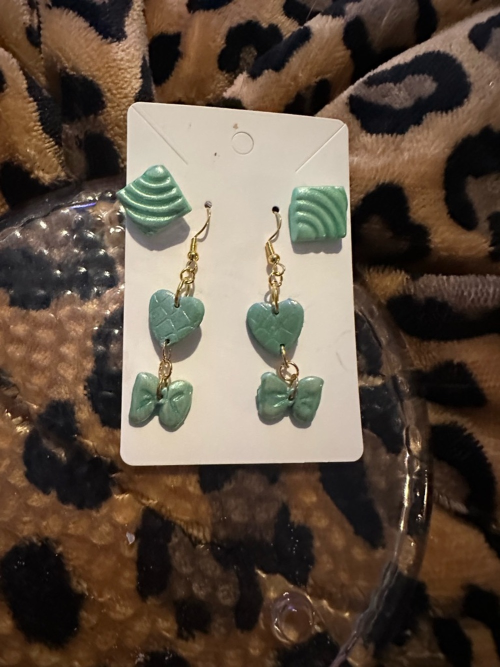 Mint Green Heart & Bow Dangle Earrings - Gold Hooks